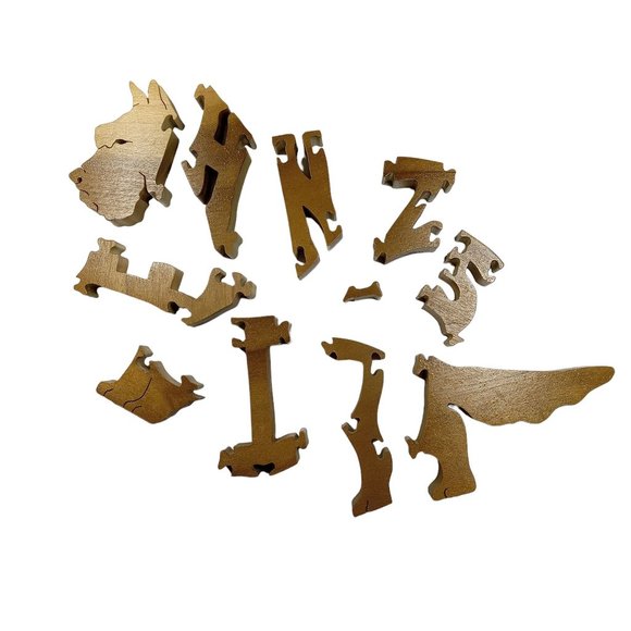 Heinz 57 Dog Wooden Scroll Jigsaw Puzzle Figurine Art Wood USA Signed By Maker - Picture 2 of 6